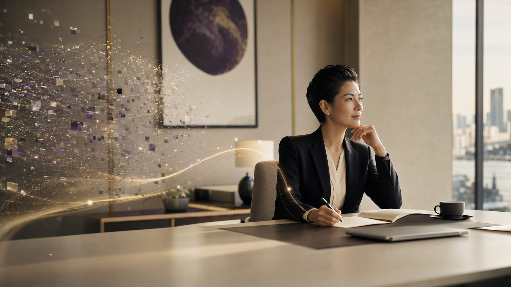 A leader regains focus as fragmented digital noise transforms into a deliberate golden path.