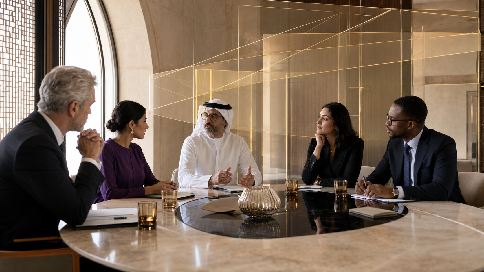 International leaders gathered around a table, surrounded by a golden structure symbolizing a protective ethical framework.